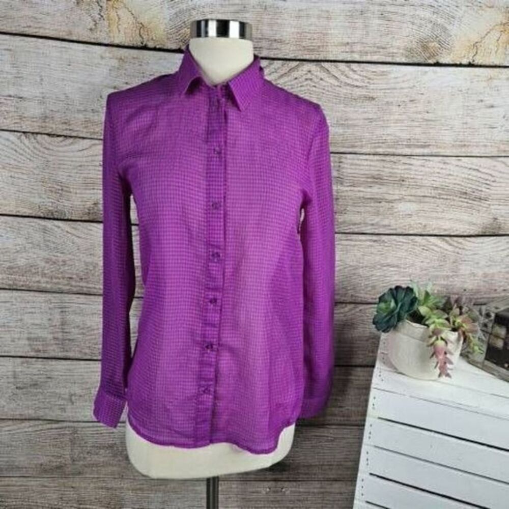 H&M Sheer Checked Textured Fuschia Purple Pink Long Sleeve Blouse Size 6